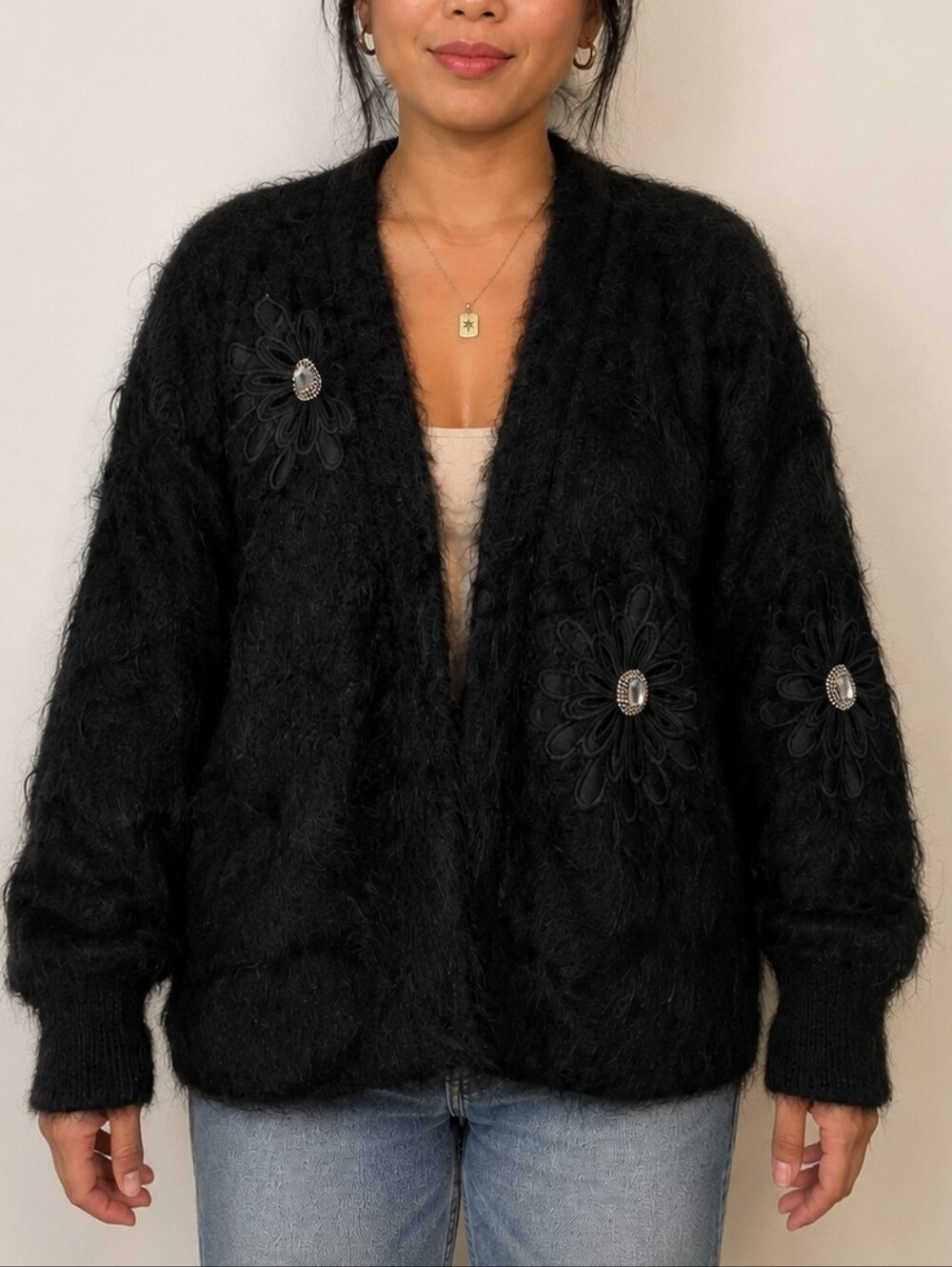 Vintage By Giovanni 85% Mohair Black Floral Embellished Cardigan M/L